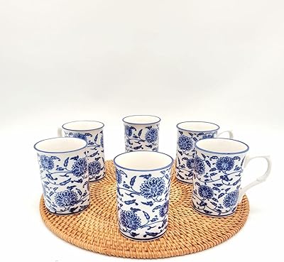 Lot de 6 tasses à café 300 ml à motifs de fleurs bleues