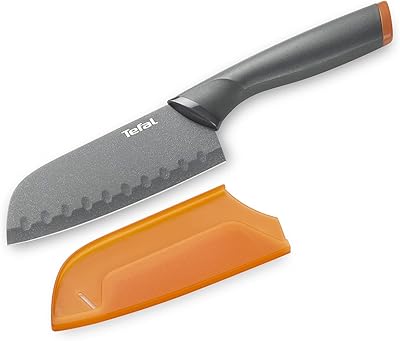 Tefal fresh kitchen couteau santoku avec couvercle, 12 cm, gris/marron, acier inoxydable/plastique, k1220104