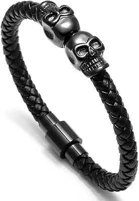 Bracelet en cuir tressé pour hommes, bracelet double tête de mort en acier