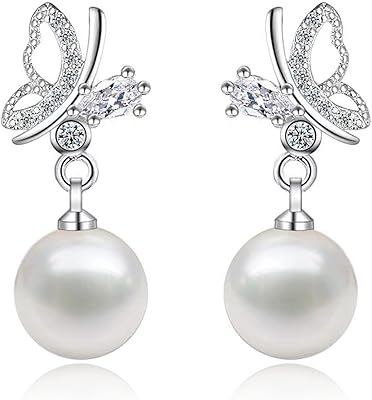 Bozony boucles d'oreilles en argent sterling 925 avec perles d'eau douce blanches, boucles
