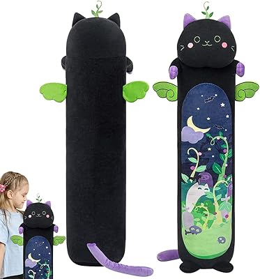 Oreiller de corps kawaii en peluche longue de chat noir mignon de 90