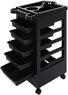 Chariot de salon de coiffure noir avec 5 tiroirs adapté aux salons