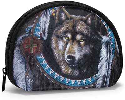 Porte-monnaie à fermeture éclair en tissu oxford avec motif loup amérindien sac