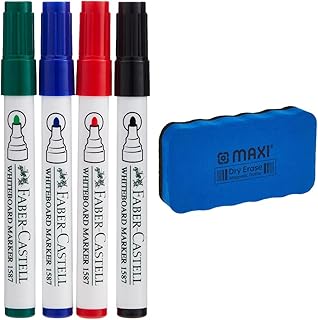 Ensemble de 4 marqueurs pour tableau blanc faber-castell + plumeau assorti, gomme magnétique