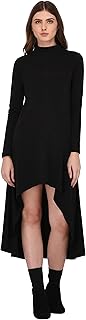 Robe trapèze noire à manches longues en coton pour femme