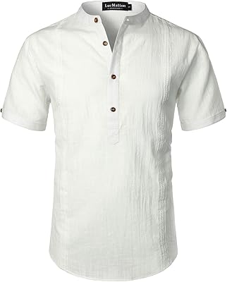 Chemise henley décontractée en coton et lin à manches courtes et col rayé
