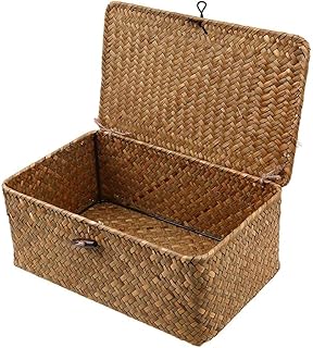 Panier de rangement en jonc de mer avec couvercle en matériau naturel