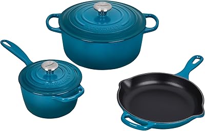 Batterie de cuisine en fonte émaillée la corset, 5 pièces, bleu sarcelle foncé