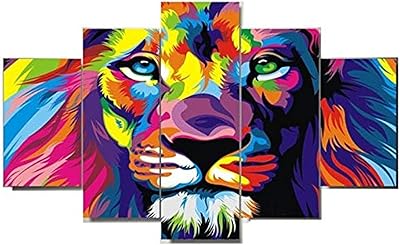 Peinture à l'huile sans cadre de 5 animaux de lion modernes sur toile