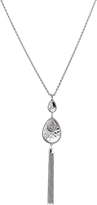 Collier long pendentif en argent antique pour femme avec larme breloque pompon