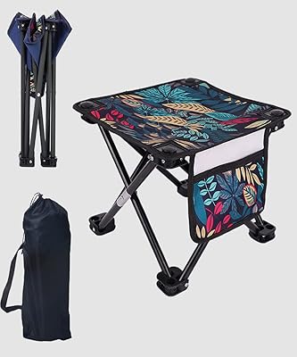 Chaise de camping pliante portable - chaise de pêche pliante légère - petite chaise carrée de pique-nique de randonnée en plein air avec poches latérales et sac de transport (feuilles bleues, basique) – Photo produit Dakar Sénégal – Livraison rapide