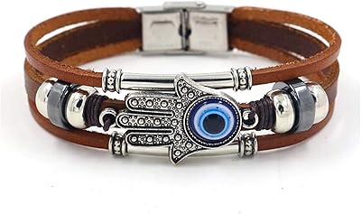 Bracelet en cuir mauvais œil, vintage à trois rangées, main hamsa, yeux bleus