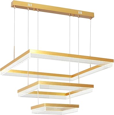 Lustre led rectangulaire à 3 anneaux pour salle à manger, lustre doré à