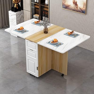 Table à manger pliable mobile, chariot de rangement multifonctionnel avec tiroirs et armoire