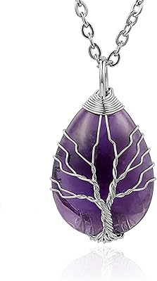 Collier en forme de larme d'améthyste naturelle enveloppé de fil d'argent, arbre généalogique