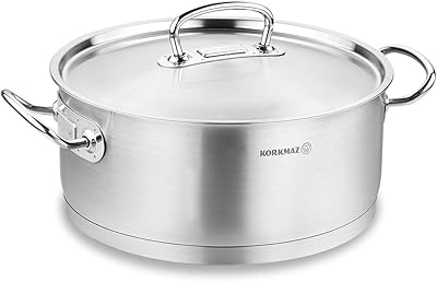 Korkmaz proline casserole basse en acier inoxydable avec couvercle et poignées argentées, 7,5