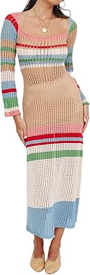 Robe longue rayée en crochet à manches longues et col carré pour femme