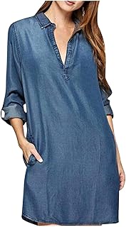 Robe mi-longue en jean vintage à revers et col en v pour femme