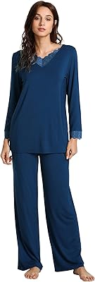 Ensembles de pyjama en bambou doux pour femmes, manches longues, col en v