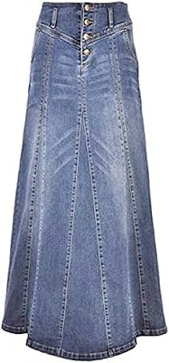 Jupe longue en jean boutonnée à taille trapèze pour femme avec un design