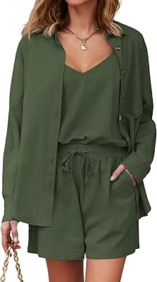 Ensemble de vêtements 3 pièces en lin à manches longues pour femmes, chemises