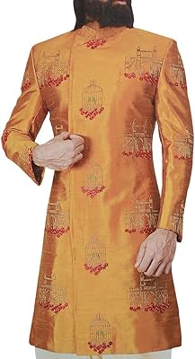 Sherwani orange pour hommes, vêtements indiens de marié décorés de motifs de fort
