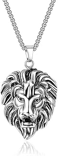 Long collier en argent avec médaillon tête de lion en acier inoxydable yellow