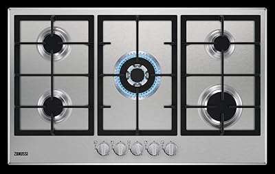 Poêle encastrable zanussi 90 cm, 5 feux gaz, multifonction, allumage automatique, zgh96524xs