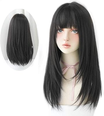 Perruque longue noire lisse avec frange, perruque synthétique haute densité pour femmes