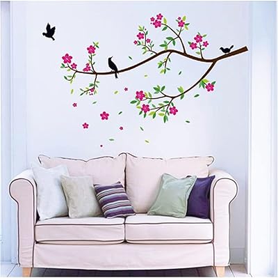 Autocollant mural halamudo oiseaux sur branche d'arbre, autocollants muraux feuilles vertes, autocollants fleurs