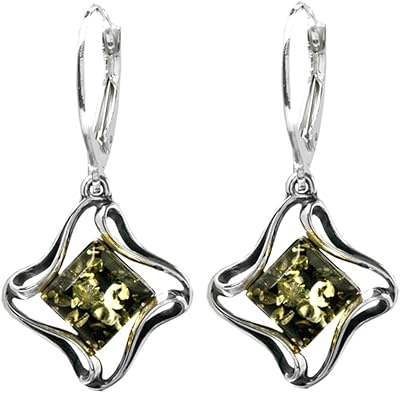 Boucles d'oreilles dormeuses classiques en ambre vert et argent sterling