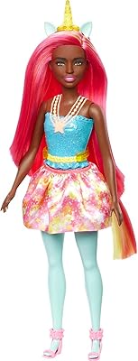 Poupée licorne barbie dreamtopia (cheveux roses et jaunes) avec jupe bandeau
