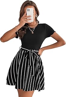 Robe courte décontractée à rayures trapèze avec ceinture et manches courtes pour femme