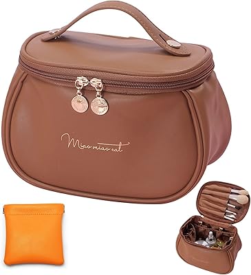 Trousse de maquillage, trousse de maquillage portable de voyage de grande capacité, trousse de maquillage en cuir pour femme, organisateur de maquillage avec petite poche, marron, trousse de maquillage. Diaytar : Le e-commerce qui respecte votre budget