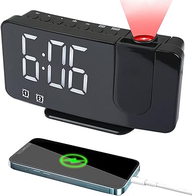 Projecteur de réveil numérique, projecteur 180 degrés, chargeur usb avec radio fm