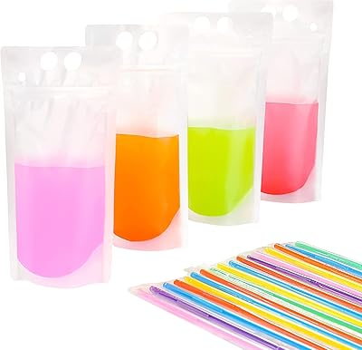 50pcs sacs de boissons en plastique avec pailles glacées transparents réutilisables et robustes