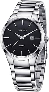 Montre classique pour homme avec bracelet en acier inoxydable, couleur noir/argent, mouvement à