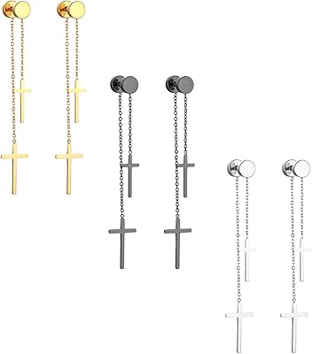 3 paires de boucles d'oreilles avec pendentif en croix pour hommes et femmes