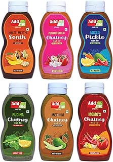 Ajoutez-moi chutney 6 en 1 meethi sonth chatni, sauce pudina, cornichon mélangé, chutney de momo, chutney à l'ail punjabi, cornichons à la mangue methi dana, 210-240g chaque paquet de 6 chutneys indiens classiques. Des économies substantielles vous attendent sur Diaytar