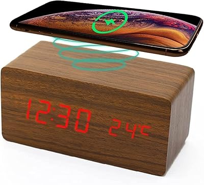 Réveil numérique en bois vd avec chargement sans fil, affichage led, luminosité réglable