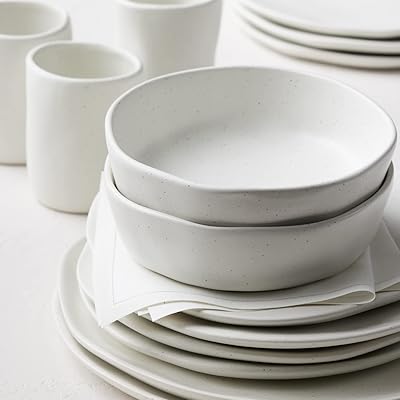 Service de table en grès gravé stone lian mercer, 16 pièces, pois blancs