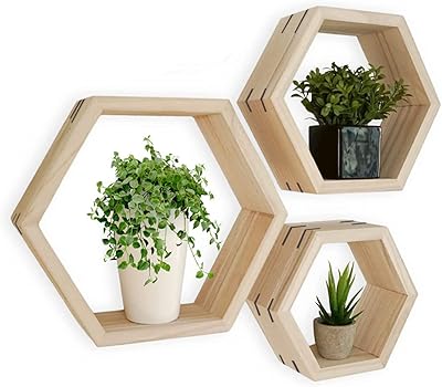 Ensemble d'étagères hexagonales en bois naturel de 5 étagères murales pour chambre, bureau