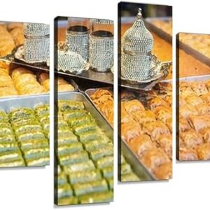 Impression sur toile avec dessert turc traditionnel baklava près du café turc sur mur, images imprimées numériques encadrées pour peinture abstraite, décoration de salle de bureau, maison, prêtes à accrocher - 4 panneaux. Diaytar : Là où commence votre expérience shopping idéale