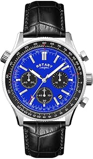 Montre chronographe pour homme affichage analogique avec cadran bleu et bracelet en cuir