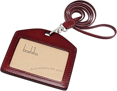 Porte-badge d'identification en cuir véritable avec lanière robuste de style horizontal (marron)