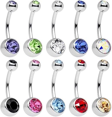 15 pièces double gemme nombril anneau en acier inoxydable barres boules