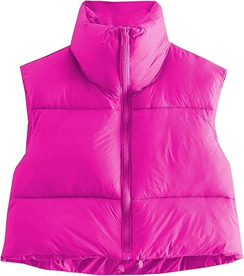 Veste bouffante courte sans manches pour femme, avec fermeture éclair complète, col montant