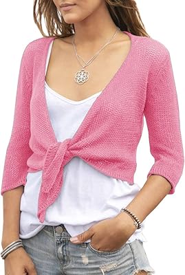 Pull en dentelle sur le devant pour femme, manches 3/4, boléro transparent noué