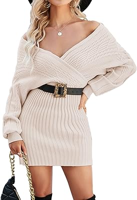 Robe pull en tricot torsadé à manches longues chauve-souris et col en v pour femmes, mini-robes moulantes. Des produits authentiques à prix réduits sur Diaytar Sénégal