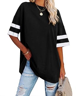 T-shirt ample à manches mi-longues et col rond pour femme en coton